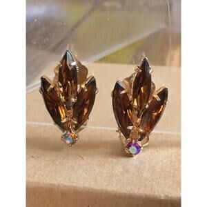 Amber Rhinestone Marquise cut and AB Stone Clip Earrings